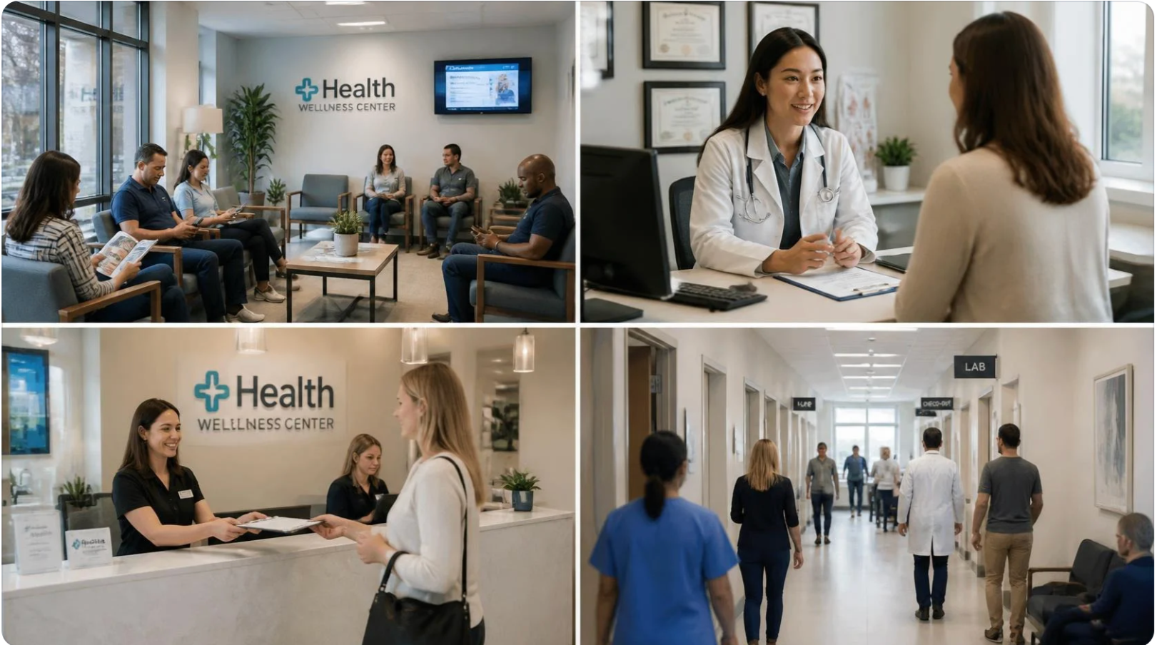 ScaleTech patient acquisition for clinics — clinic waiting room, patient consultation and reception booking moments